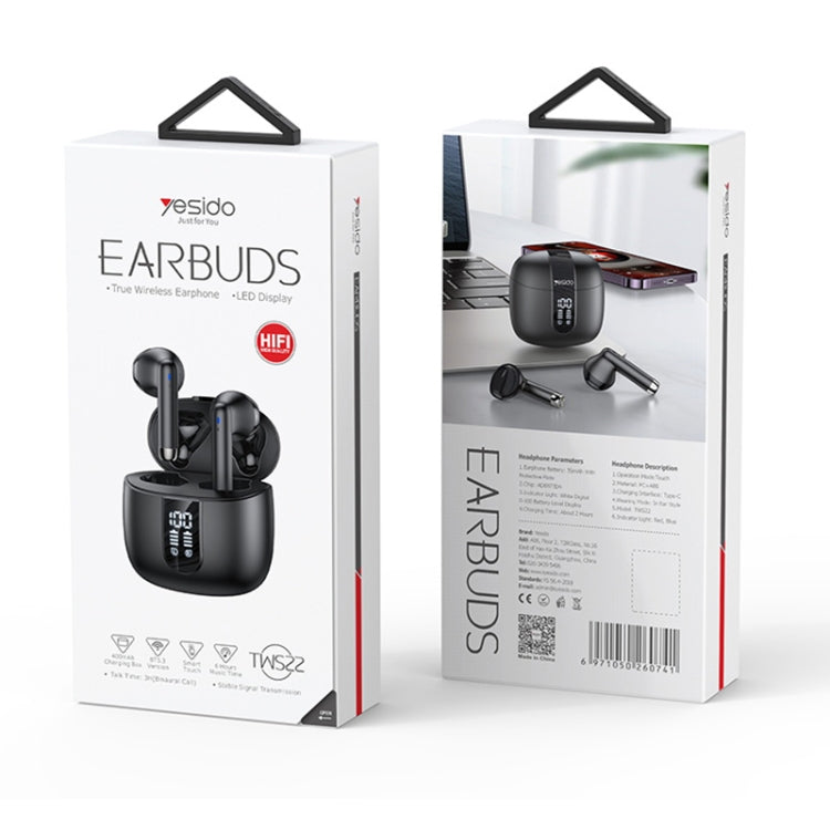 Yesido TWS22 Bluetooth 5.3 LED Digital Display TWS Wireless Bluetooth Earphone (Black)