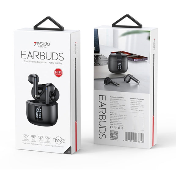 Yesido TWS22 Bluetooth 5.3 LED Digital Display TWS Wireless Bluetooth Earphone (Black)