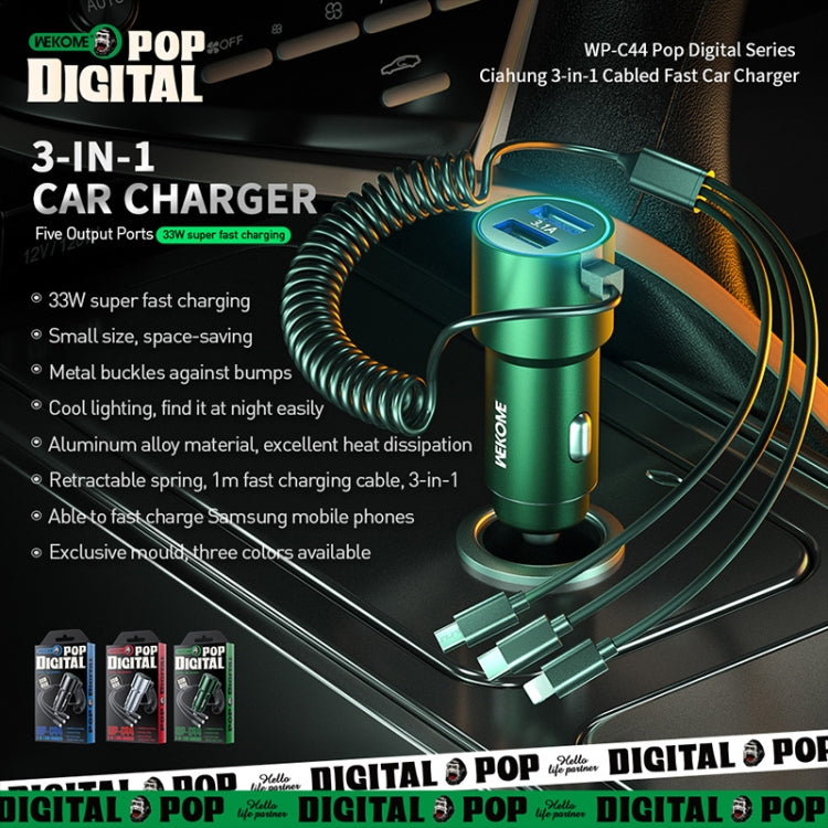 WK WP-C44 Pop Digital Series Ciahung 3-in-1 Cabled 33W Dual-USB Fast Car Charger (Silver)