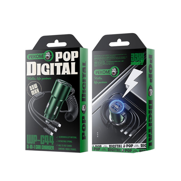 WK WP-C44 Pop Digital Series Ciahung 3-in-1 Cabled 33W Dual-USB Fast Car Charger (Green)