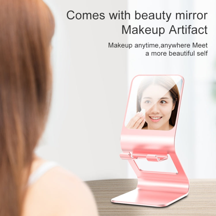 Universal Mobile Phone / Tablet PC Multifunctional Metal Desktop Stand with Makeup Mirror (Pink)