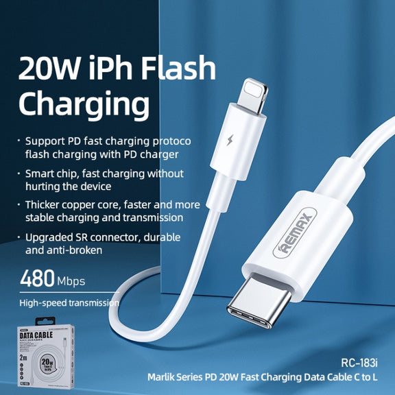 REMAX Marlik Series RC-183i PD 20W USB-C / Type-C to 8 Pin Interface Fast Charging Data Cable, Cable Length: 2m (White)