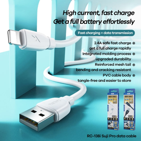 REMAX RC-138i 2.4A USB to 8 Pin Suji Pro Fast Charging Data Cable, Cable Length: 1m (White)
