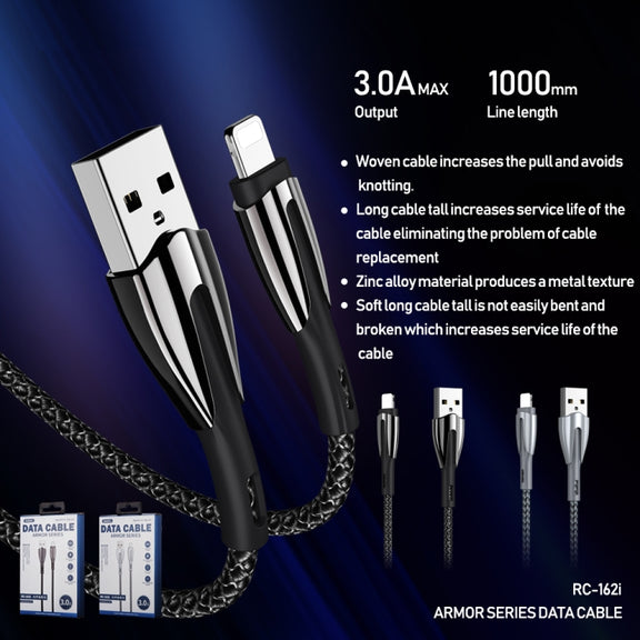 REMAX RC-162i Armor Series 3A USB to 8 Pin Charging Cable, Cable Length: 1m (Silver)