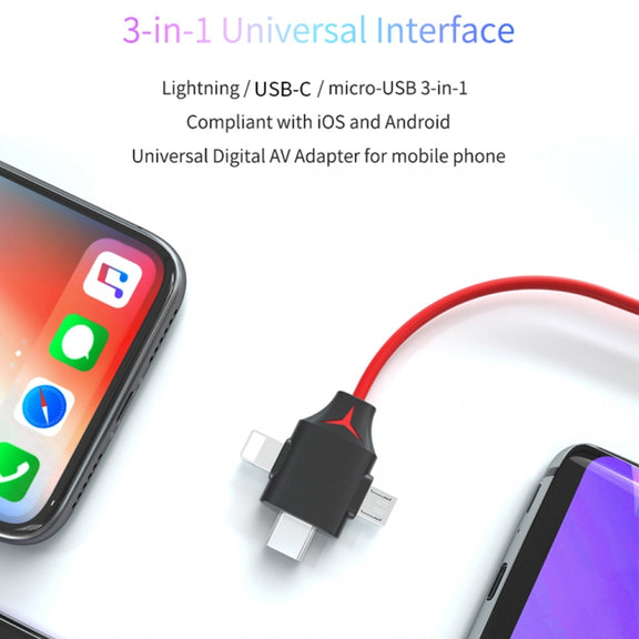 MiraScreen L7-8 3 in 1 8 Pin + Micro USB + USB-C / Type-C to HDMI Video Converter Cable, Cable Length: 2m
