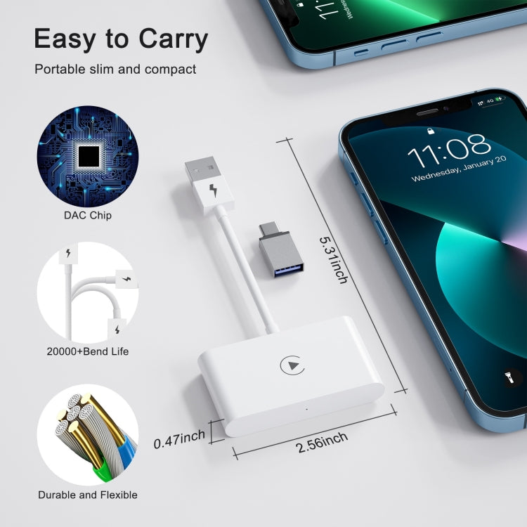 USB + USB-C / Type-C Wired to Wireless Carplay Adapter for iPhone(White)