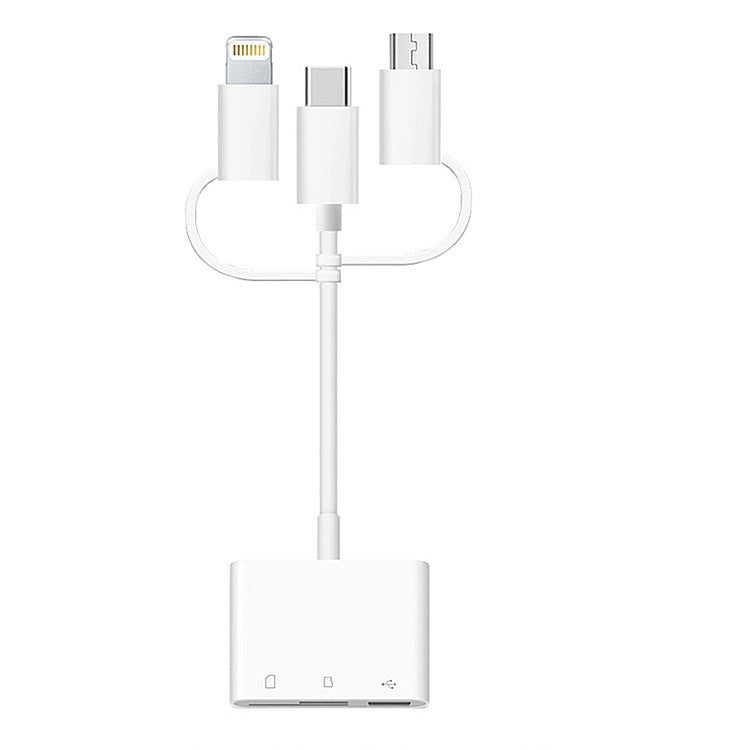3 in 1 8-Pin And Micro USB And Type-C to TF & SD Card Reader USB OTG Extender Adapter (White)