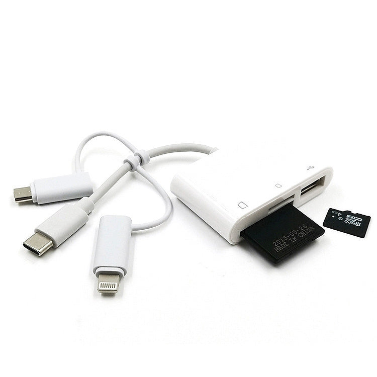 3 in 1 8-Pin And Micro USB And Type-C to TF & SD Card Reader USB OTG Extender Adapter (White)