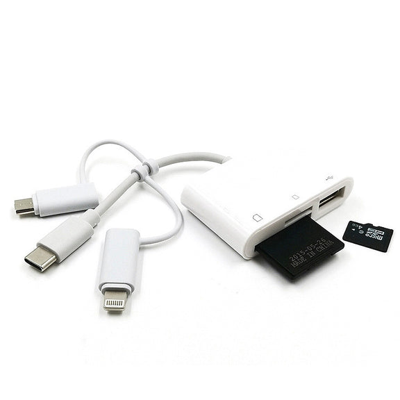 3 in 1 8-Pin And Micro USB And Type-C to TF & SD Card Reader USB OTG Extender Adapter (White)