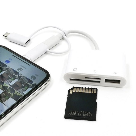 3 in 1 8-Pin And Micro USB And Type-C to TF & SD Card Reader USB OTG Extender Adapter (White)