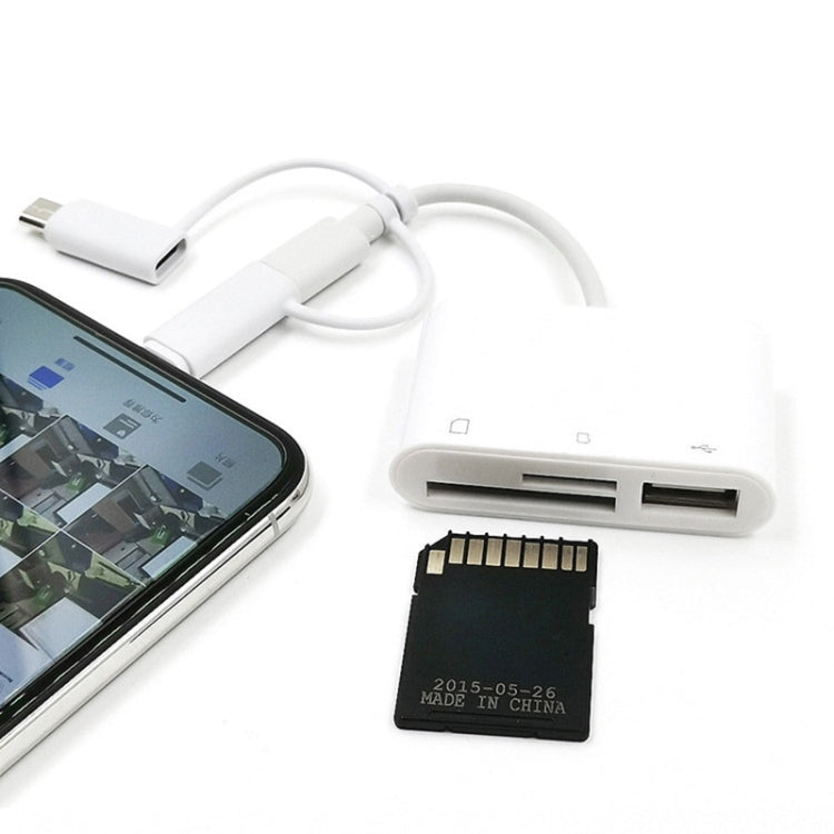 3 in 1 8-Pin And Micro USB And Type-C to TF & SD Card Reader USB OTG Extender Adapter (White)