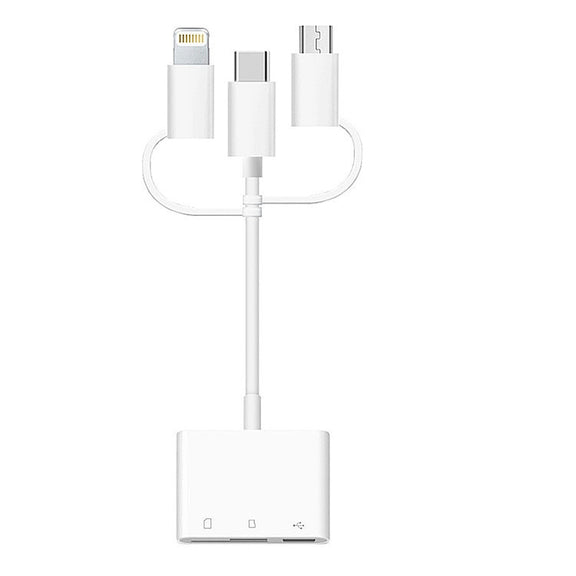 3 in 1 8-Pin And Micro USB And Type-C to TF & SD Card Reader USB OTG Extender Adapter (White)