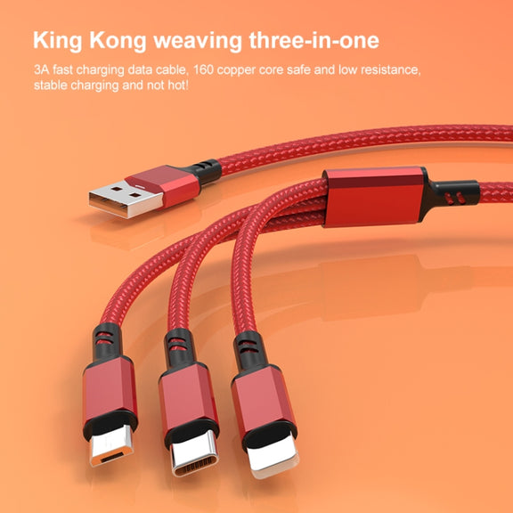 Orange Plug 3A 3 in 1 USB to Type-C / 8 Pin / Micro USB Fast Charging Cable, Cable Length: 1.2m(Red)
