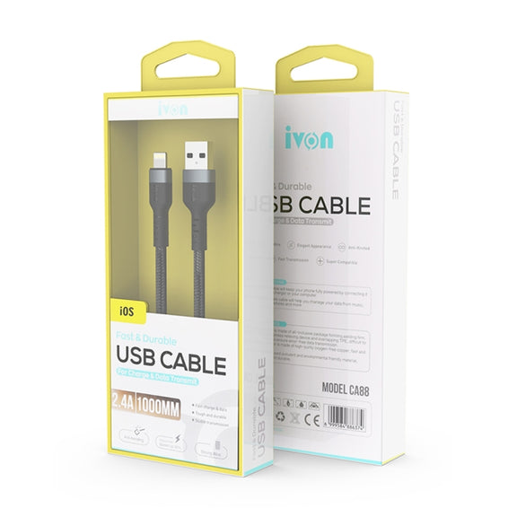 IVON CA88 12W 2.4A USB to 8 Pin Nylon Braid Fast Charge Data Cable, Cable Length: 1m (Black)