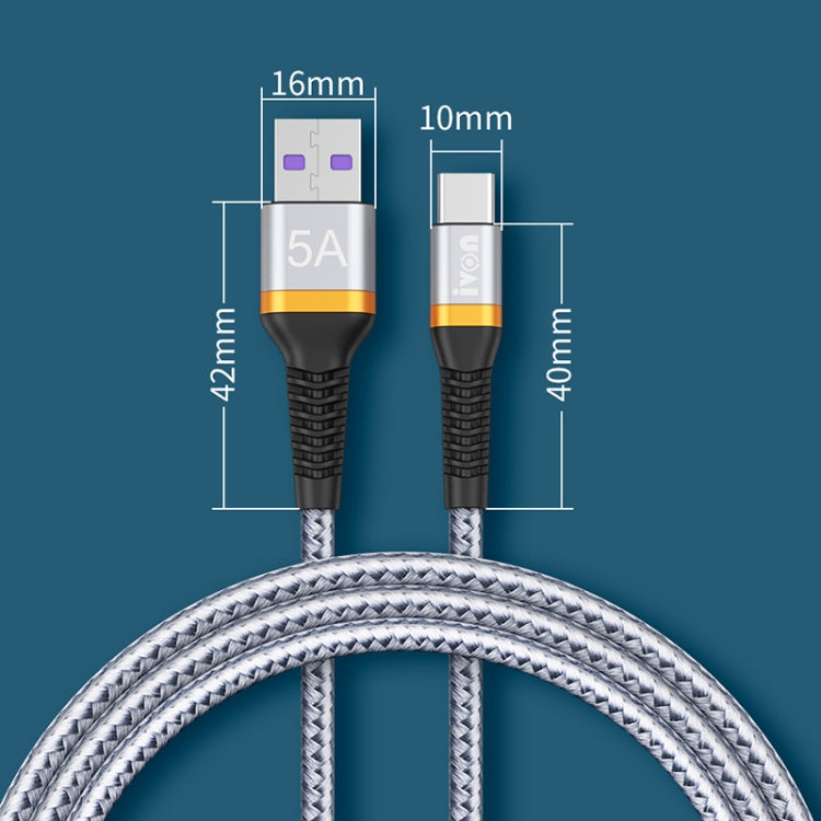 IVON CA79 5A Type-C / USB-C Aluminum Alloy Braided Fast Charging Data Cable for Huawei, Length: 1m (Silver Grey)