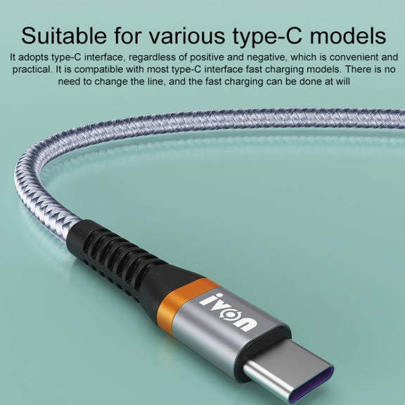 IVON CA79 5A Type-C / USB-C Aluminum Alloy Braided Fast Charging Data Cable for Huawei, Length: 1m (Silver Grey)