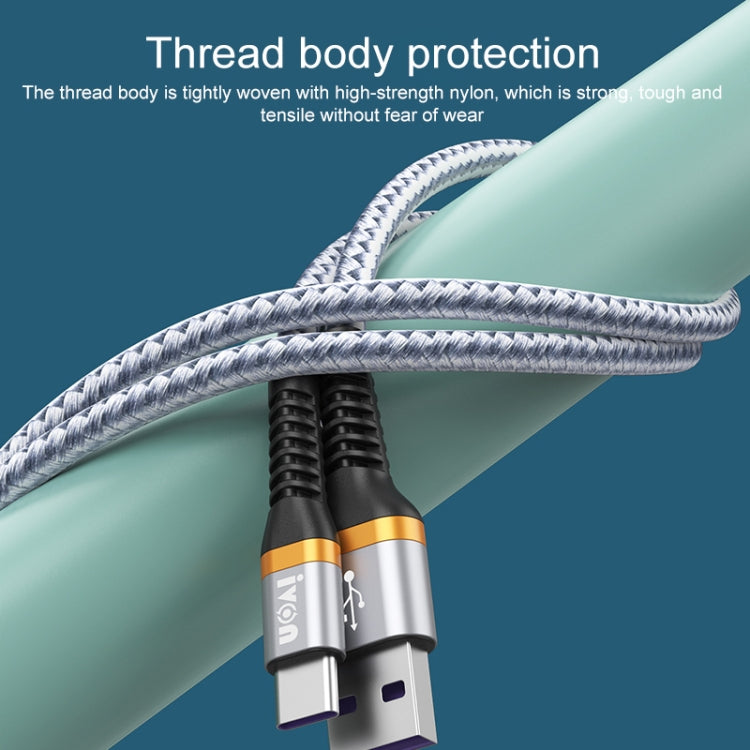 IVON CA79 5A Type-C / USB-C Aluminum Alloy Braided Fast Charging Data Cable for Huawei, Length: 1m (Silver Grey)