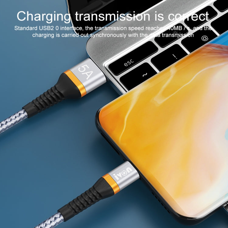 IVON CA79 5A Type-C / USB-C Aluminum Alloy Braided Fast Charging Data Cable for Huawei, Length: 1m (Silver Grey)