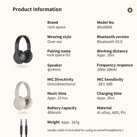 ROCK Space O2 HiFi Bluetooth 5.0 Wireless Headset with Mic, Support TF Card(White)