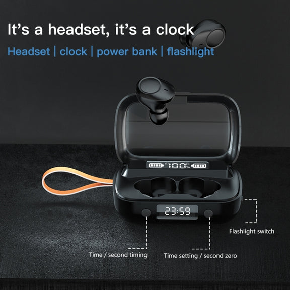 A13 TWS CVC8.0 and DSP Dual Noise Cancelling Touch Bluetooth Earphone with Charging Box, Support LED Digital Display & Clock & Flashlight & HD Call & Siri & Power Bank(Black)
