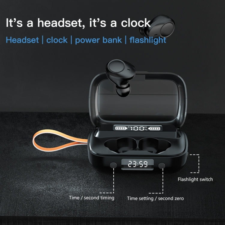 A13 TWS CVC8.0 and DSP Dual Noise Cancelling Touch Bluetooth Earphone with Charging Box, Support LED Digital Display & Clock & Flashlight & HD Call & Siri & Power Bank(Black)