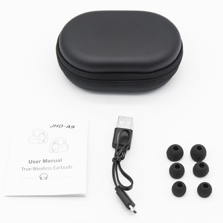 JHO-A9 TWS  Wireless Hanging Ear Type Bluetooth Earphone with Charging + Storage Integrated Zipper Bag, Support Voice Control(Black)