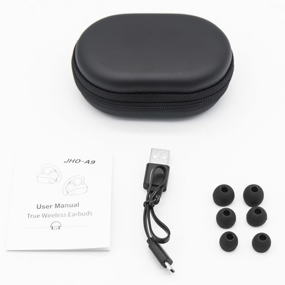 JHO-A9 TWS  Wireless Hanging Ear Type Bluetooth Earphone with Charging + Storage Integrated Zipper Bag, Support Voice Control(Black)