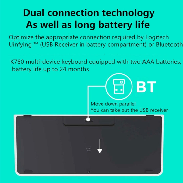 Logitech K780 Multi-device Bluetooth + Unifying Dual Mode Wireless Keyboard with Stand (Black)