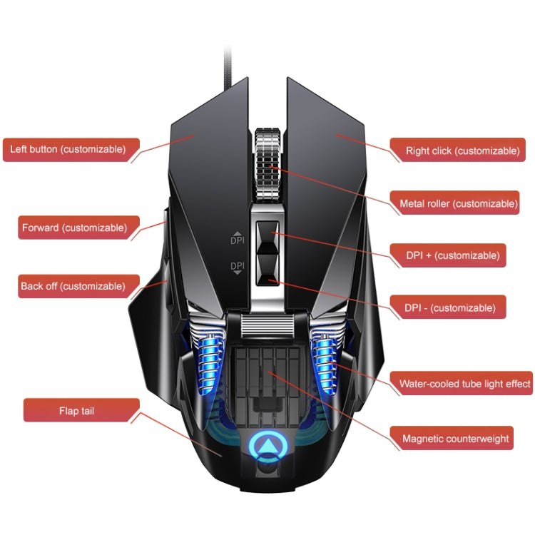 YINDIAO G10 7200DPI 7-modes Adjustable 7-keys RGB Light Wired Metal Mechanical Hard Core Macro Mouse, Style: Audio Version(Black)