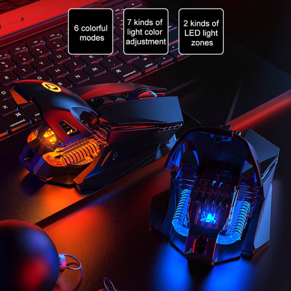 YINDIAO G10 7200DPI 7-modes Adjustable 7-keys RGB Light Wired Metal Mechanical Hard Core Macro Mouse, Style: Audio Version(Black)