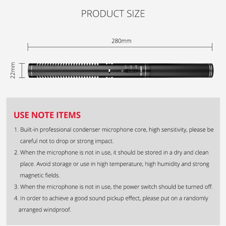 YELANGU YLG9933A MIC07 Professional Interview Condenser Video Shotgun Microphone with 6.5mm Audio Adapter & 3.5mm RXL Audio Cable(Black)