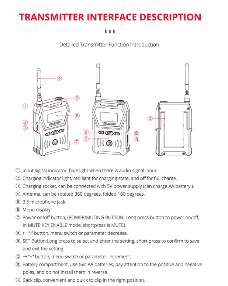 YELANGU YLG9929C MX4 Dual-Channel 100CH UHF Wireless Microphone System with Transmitter and Receiver for DSLR Cameras and Video Cameras(Black)