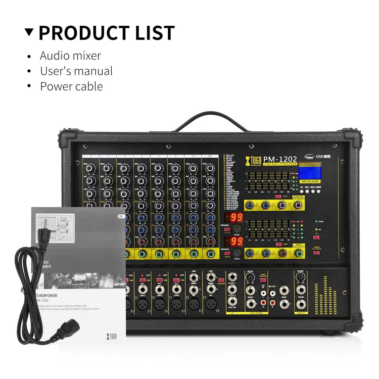 XTUGA PM1202 900W 10 Channel Stage Power Mixer 24Bit Multil-FX Processor Dual 99 DSP Effect DJ Amplifier (AU Plug)