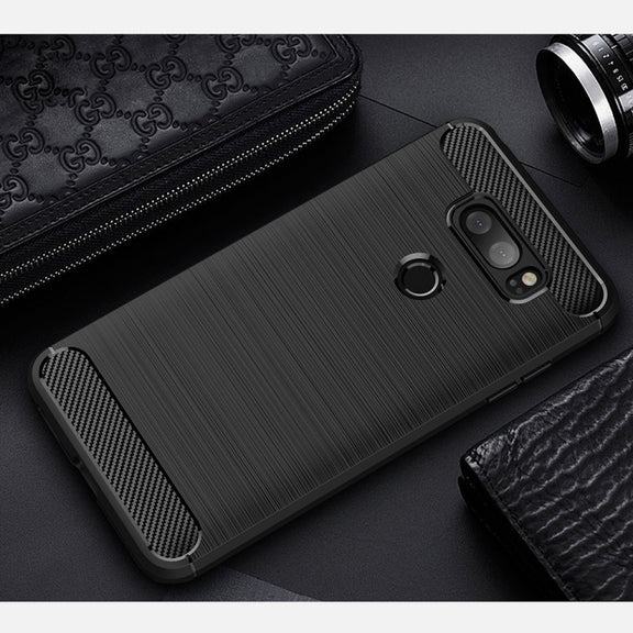 For LG V30 Brushed Texture Carbon Fiber Shockproof TPU Rugged Armor Protective Case (Black)
