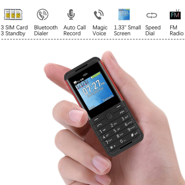 SERVO BM5310 Mini Mobile Phone, Russian Key, 1.33 inch, MTK6261D, 21 Keys, Support Bluetooth, FM, Magic Sound, Auto Call Record, GSM, Triple SIM (Black Red)