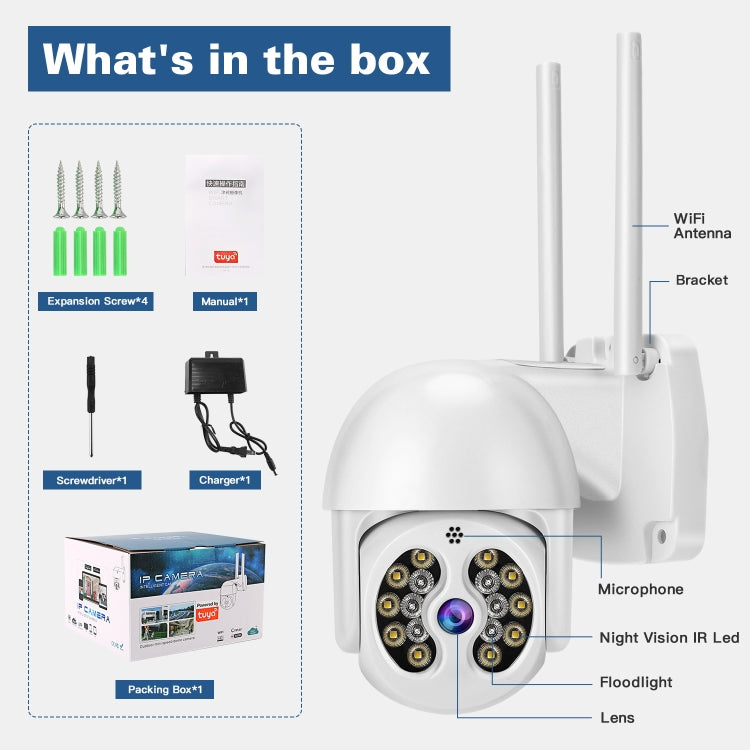 Tuya QX56 3.0 Million Pixels IP66 Water-resistant 2.4G Wireless IP Camera, Support Amazon Alexa & Google Home & Motion Detection & Two-way Audio & Full Color Night Vision & TF Card, US Plug