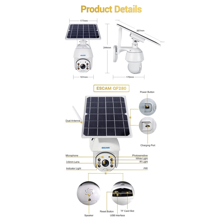 ESCAM QF280 HD 1080P IP66 Water-resistant WiFi Solar Panel PT IP Camera without Battery, Support Night Vision / Motion Detection / TF Card / Two Way Audio (White)