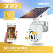 ESCAM QF280 HD 1080P IP66 Water-resistant WiFi Solar Panel PT IP Camera without Battery, Support Night Vision / Motion Detection / TF Card / Two Way Audio (White)