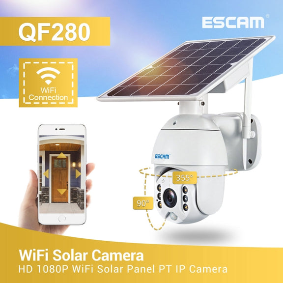 ESCAM QF280 HD 1080P IP66 Water-resistant WiFi Solar Panel PT IP Camera without Battery, Support Night Vision / Motion Detection / TF Card / Two Way Audio (White)