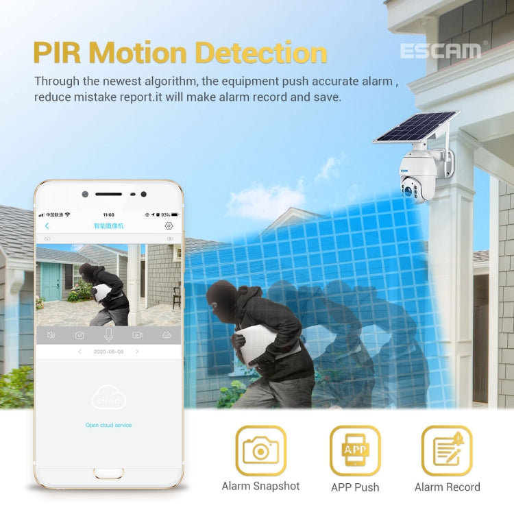 ESCAM QF280 HD 1080P IP66 Water-resistant WiFi Solar Panel PT IP Camera without Battery, Support Night Vision / Motion Detection / TF Card / Two Way Audio (White)