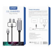 Onten OTN-7537A 3 in 1 1080P Mobile HD Screen Player Adapter Cable(Silver)