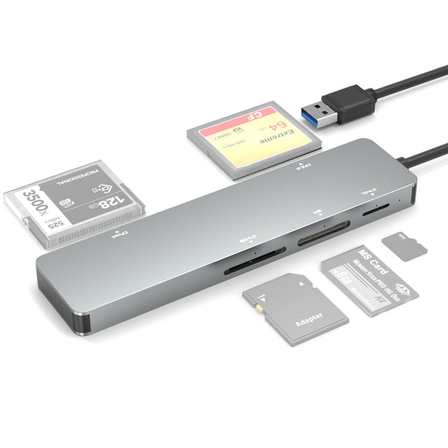 Rocketek CR308 USB3.0 Multi-function Card Reader CF / CFast / SD / MS / TF Card 5 in 1 (Silver Grey)