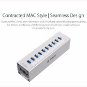 ORICO A3H10 Aluminum High Speed 10 Ports USB 3.0 HUB with Power Adapter for Laptops(Black)