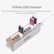 ORICO A3H10 Aluminum High Speed 10 Ports USB 3.0 HUB with Power Adapter for Laptops(Black)