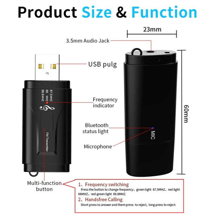 MSD128 2 in 1 USB Car Bluetooth Hands-free Call FM Transmitter with 3.5mm AUX Interface