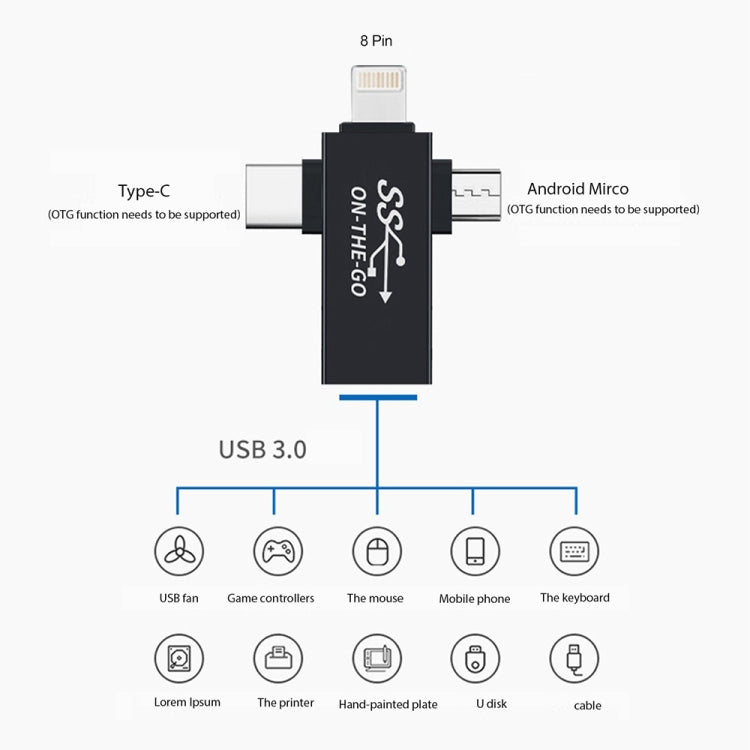 3 in 1 USB 3.0 to 8 Pin + Micro USB + USB-C / Type-C Interface Multifunctional OTG Adapter