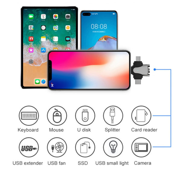 3 in 1 8 Pin + USB-C / Type-C + Micro USB Male to USB 3.0 Female Zinc Alloy Adapter