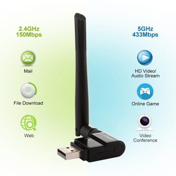EDUP EP-AC1635 600Mbps Dual Band Wireless 11AC USB Ethernet Adapter 2dBi Antenna for Laptop / PC(Black)