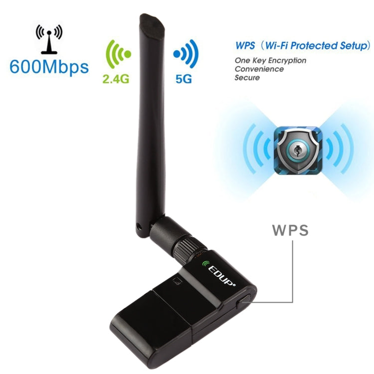 EDUP EP-AC1635 600Mbps Dual Band Wireless 11AC USB Ethernet Adapter 2dBi Antenna for Laptop / PC(Black)