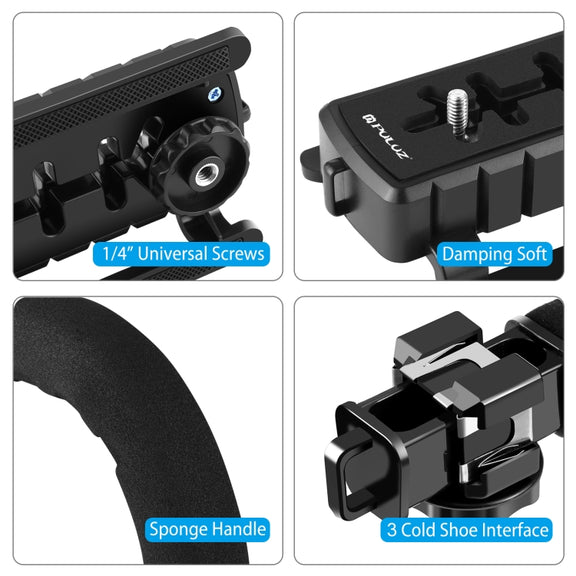 PULUZ U/C Shape Portable Handheld DV Bracket Stabilizer + LED Studio Light + Video Shotgun Microphone Kit with Cold Shoe Tripod Head  for All SLR Cameras and Home DV Camera